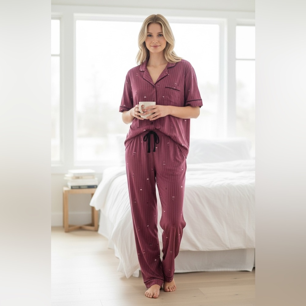 Rae Dunn 3 Pc Striped Wine Glass Pajama Set - Picture 2 of 9
